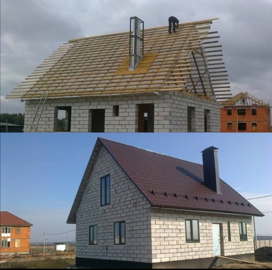 дом с мансардой из пеноблоков, дом с двускатной крышей мягкая кровля, строительство загородного дома, дом, загородный дом