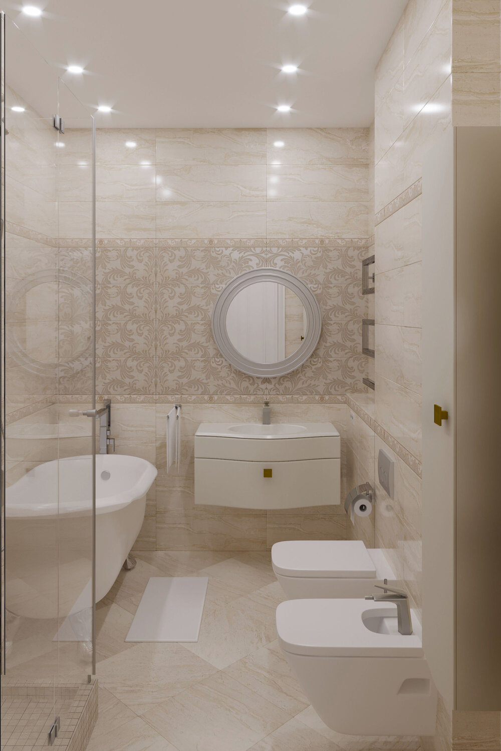 санузел в современном стиле в светлых тонах, ванная комната, раздельный санузел в одном стиле, совмещённый санузел с угловой ванной, санузел