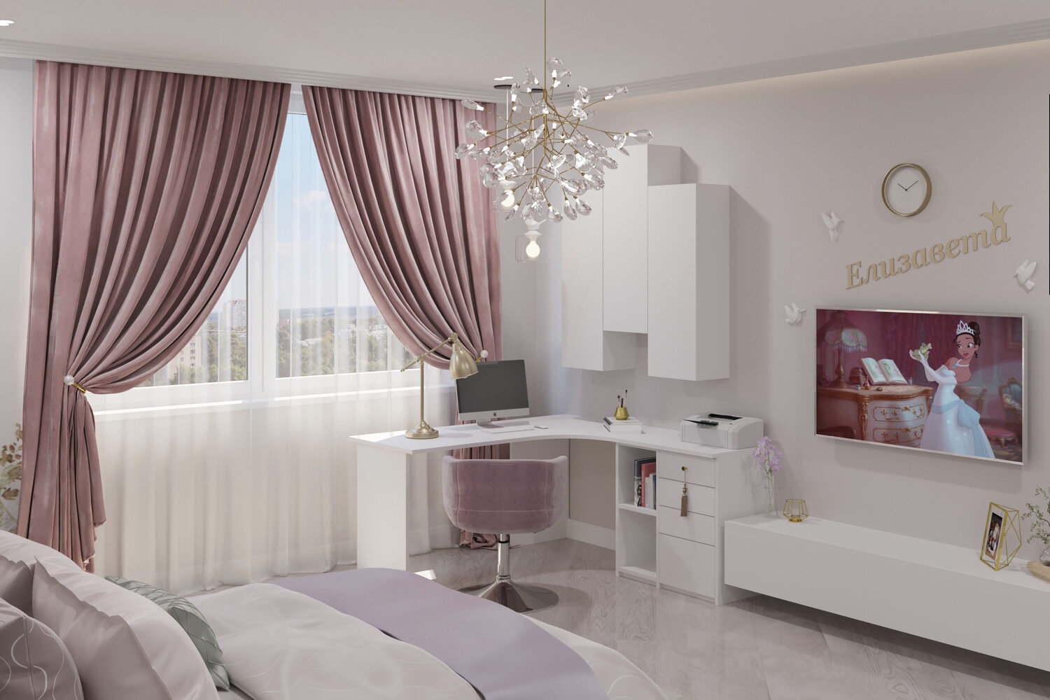 стильная спальня для девушки, спальня для девушек, дизайн интерьера, дизайн спальни, шторы в комнату для девочки