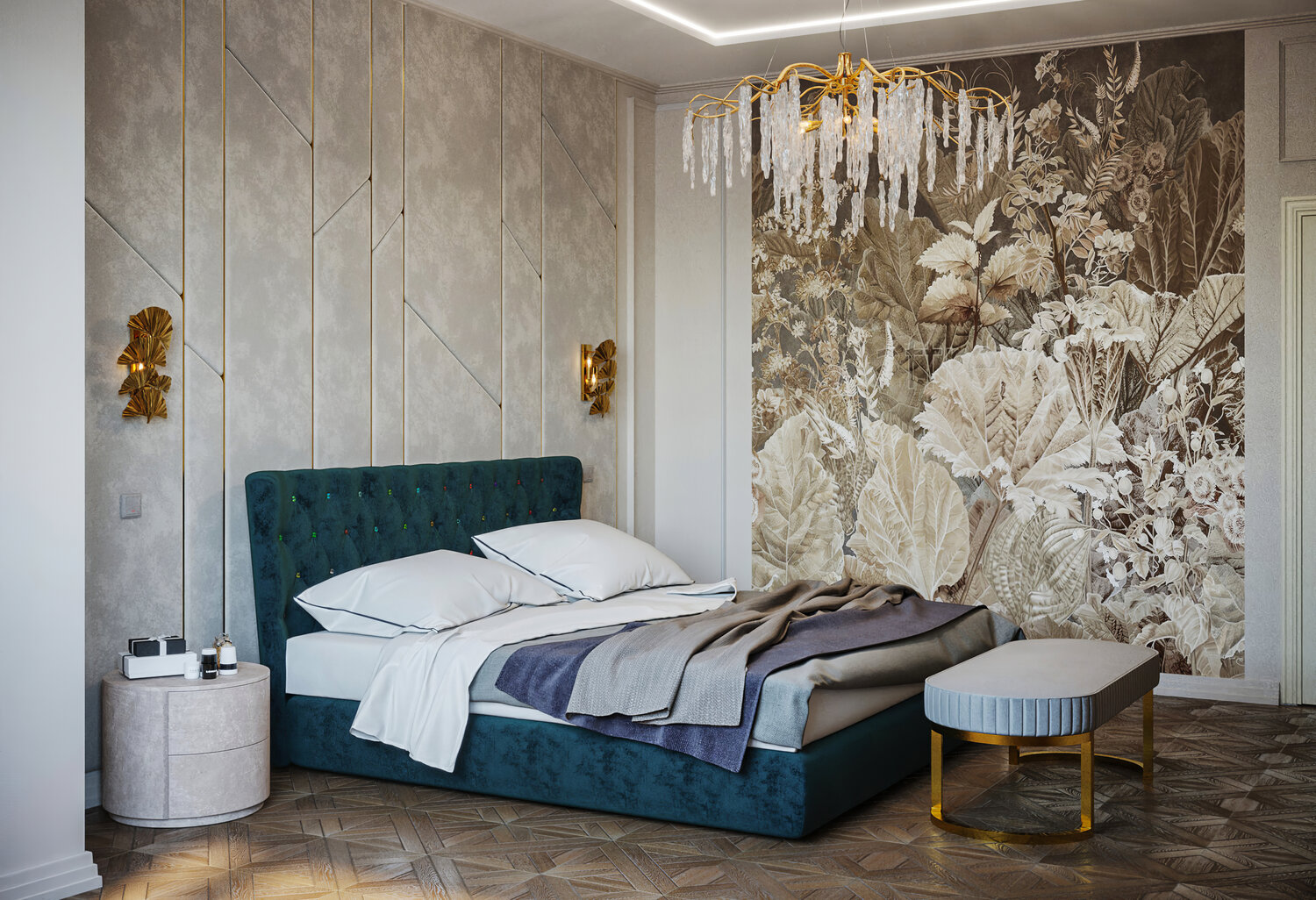 дизайн спальни, панно в спальню, дизайн интерьера, спальня, фреска в современном интерьере