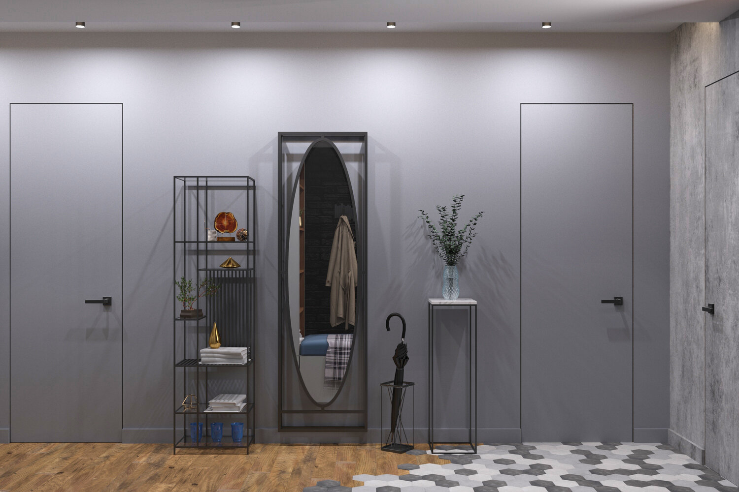 дизайн интерьера, интерьер с серыми дверями коридор 2021, прихожая, интерьер, прихожая сканди лофт