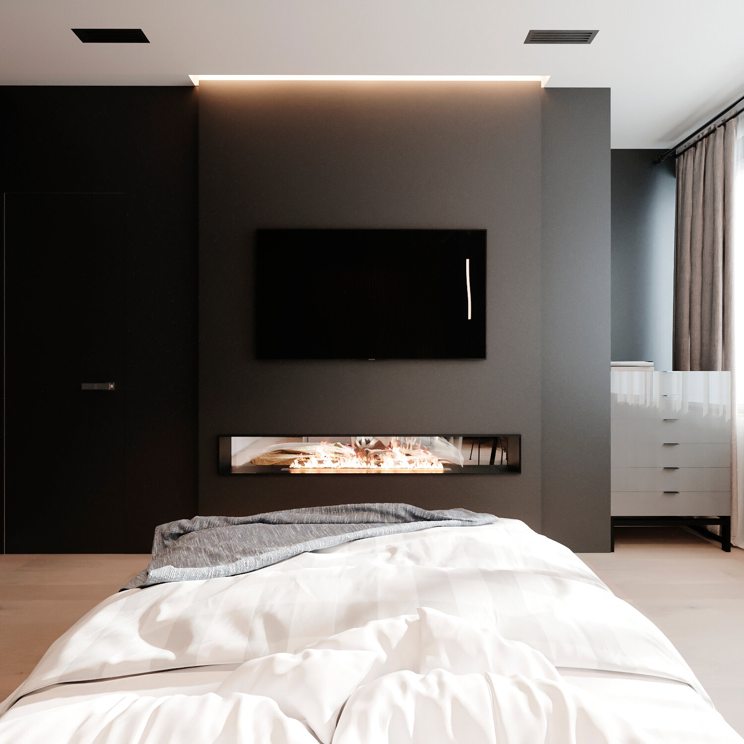 дизайн интерьера, интерьер, дизайн спальни, дизайн квартир, черный шкаф в интерьере спальни