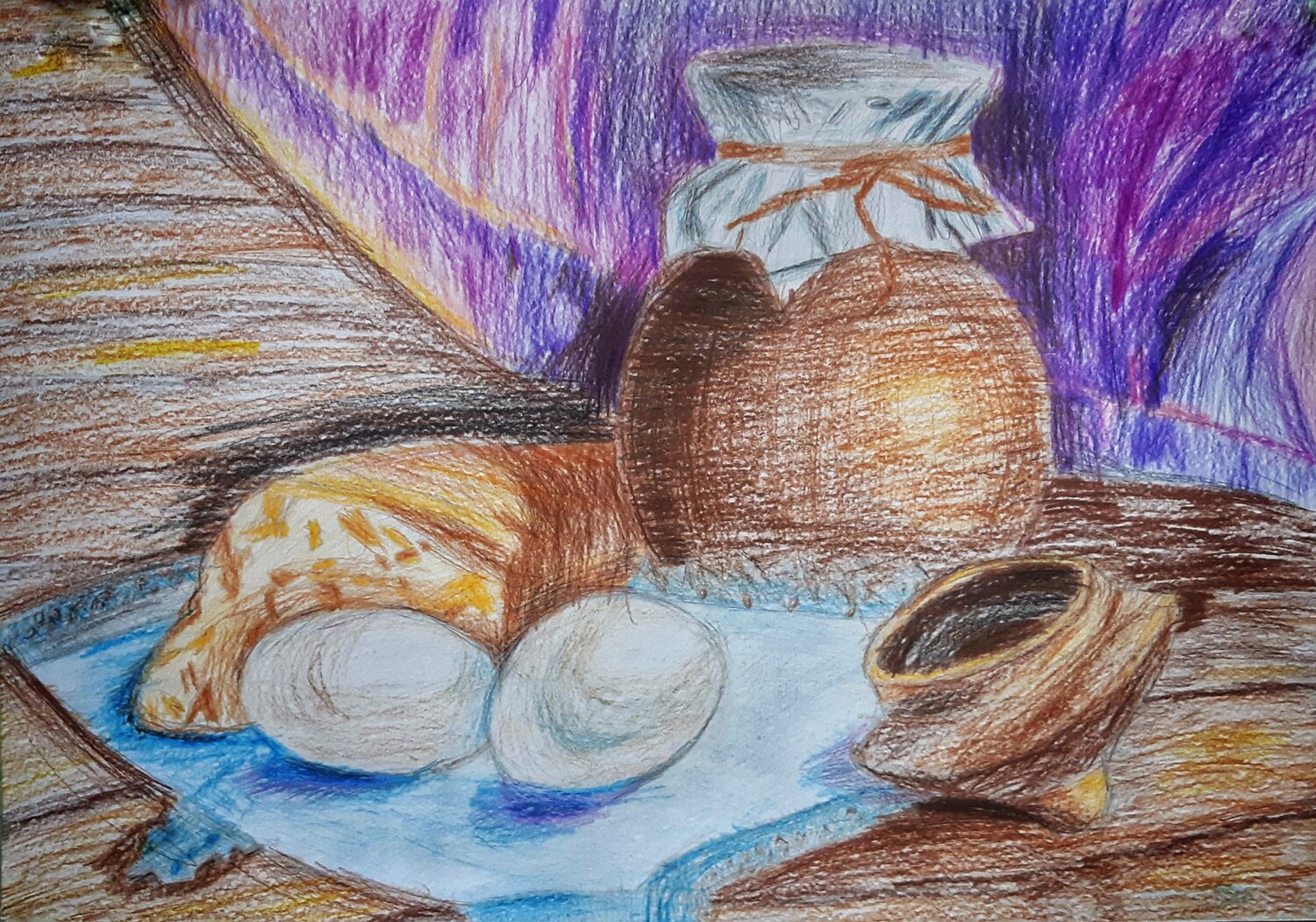 пастель натюрморт, натюрморт масляной пастелью, натюрморт с хлебом карандашом, графика натюрморт, натюрморт