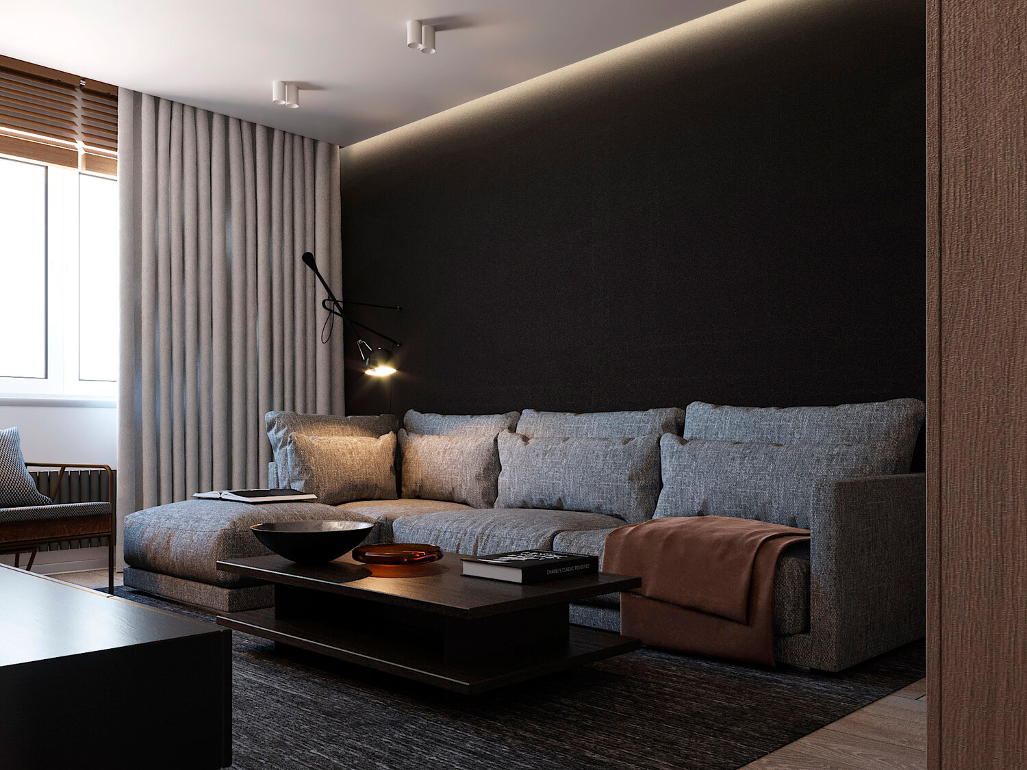 гостиная в стиле минимализм в хрущевке, дизайн квартир, дизайн интерьера, диван minotti daniels, квартира в стиле минимализм