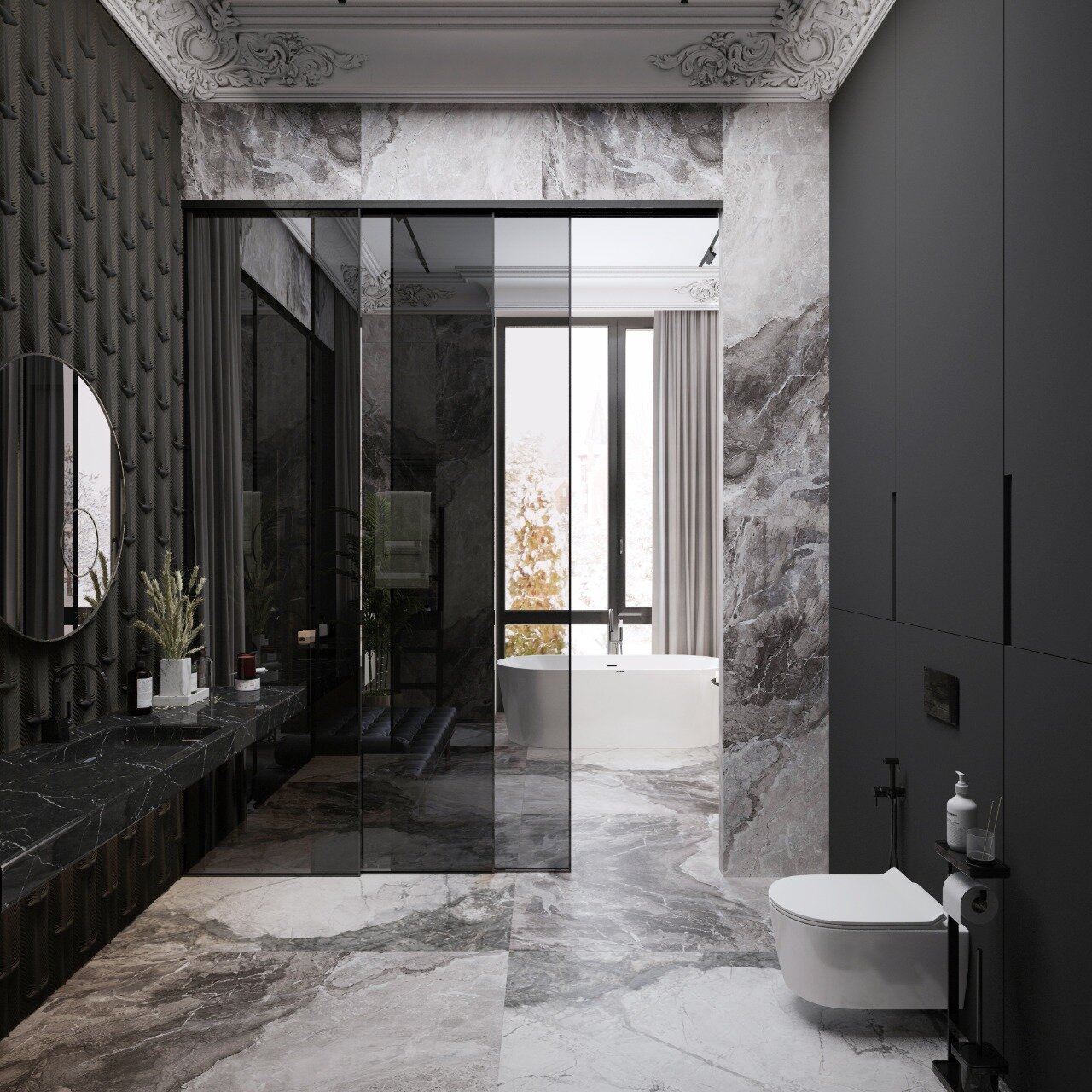 ванная комната, туалет в современном стиле с белым мрамором, огромная мраморная ванная комната, интерьер, ванная в современном стиле 2020