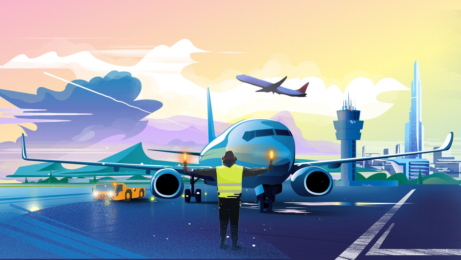 мир транспорта. в аэропорту, самолет на фоне поезда, авиа самолет, авиаперевозки, авиаперевозки баннер