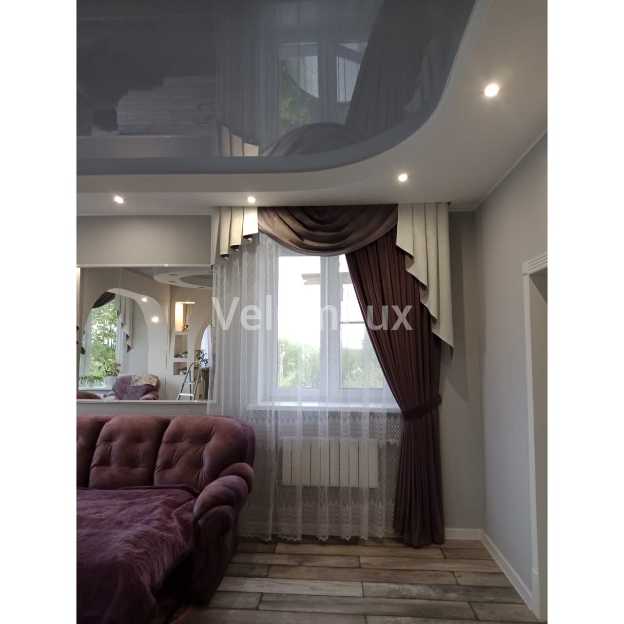 шторы в зал, шторы на эркерные окна, ламбрекен, шторы с ламбрекеном в гостиную, шторы с ламбрекеном на два окна для зала