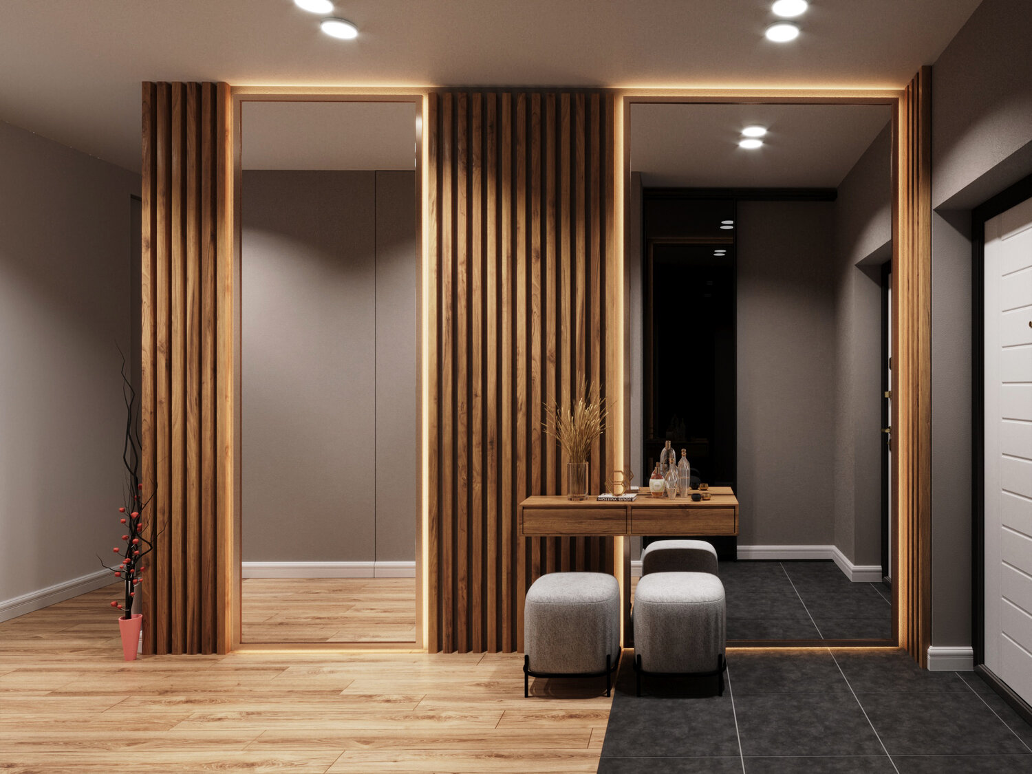 прихожая в современном стиле, дизайн интерьера, дизайн квартир, прихожая с деревянными рейками, минималистичная прихожая