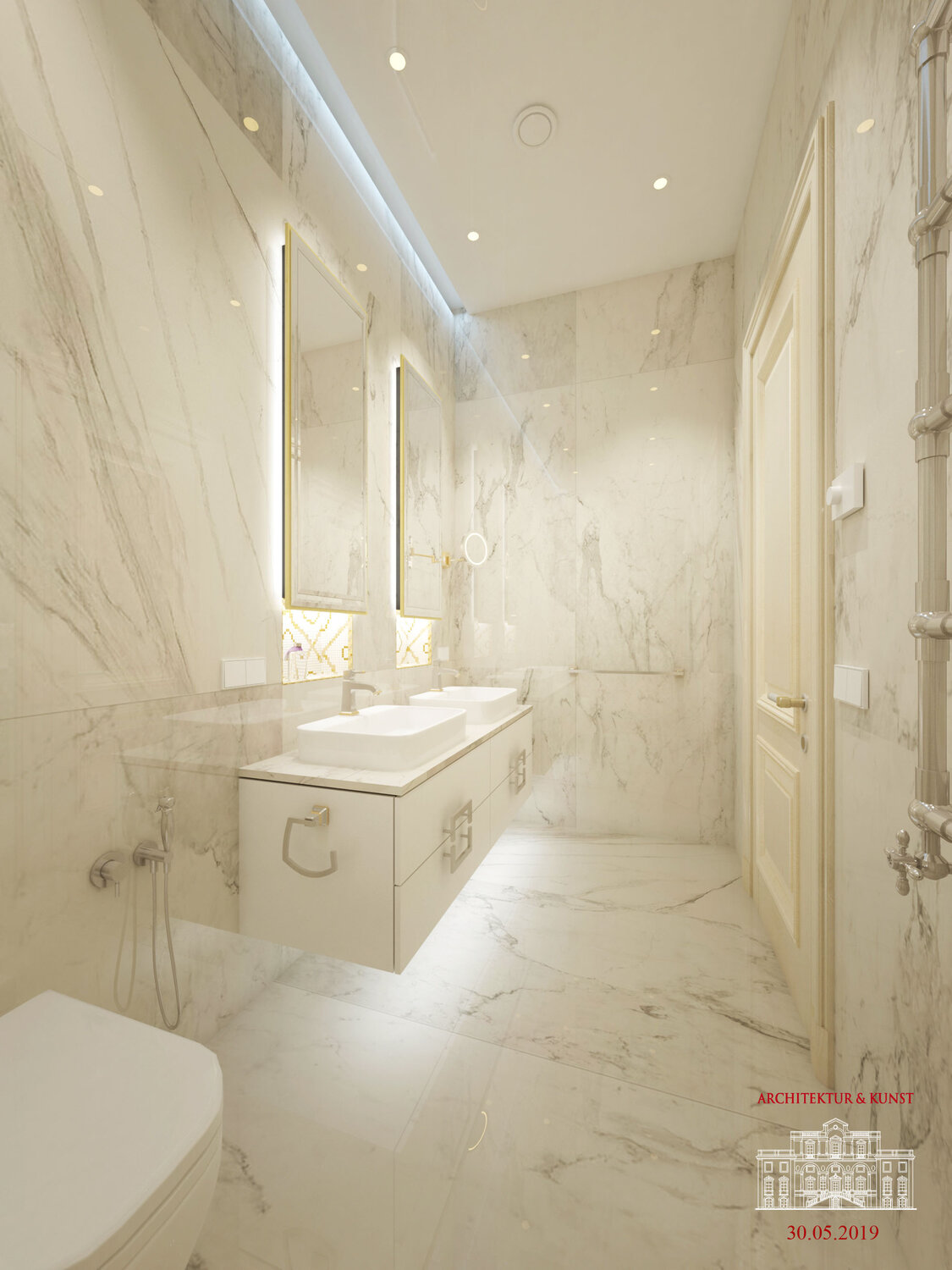 ванная комната, дизайн интерьера, белая мраморная ванна, kerranova marble trend calacatta gold lr 60x60, статуаретто мрамор санузел