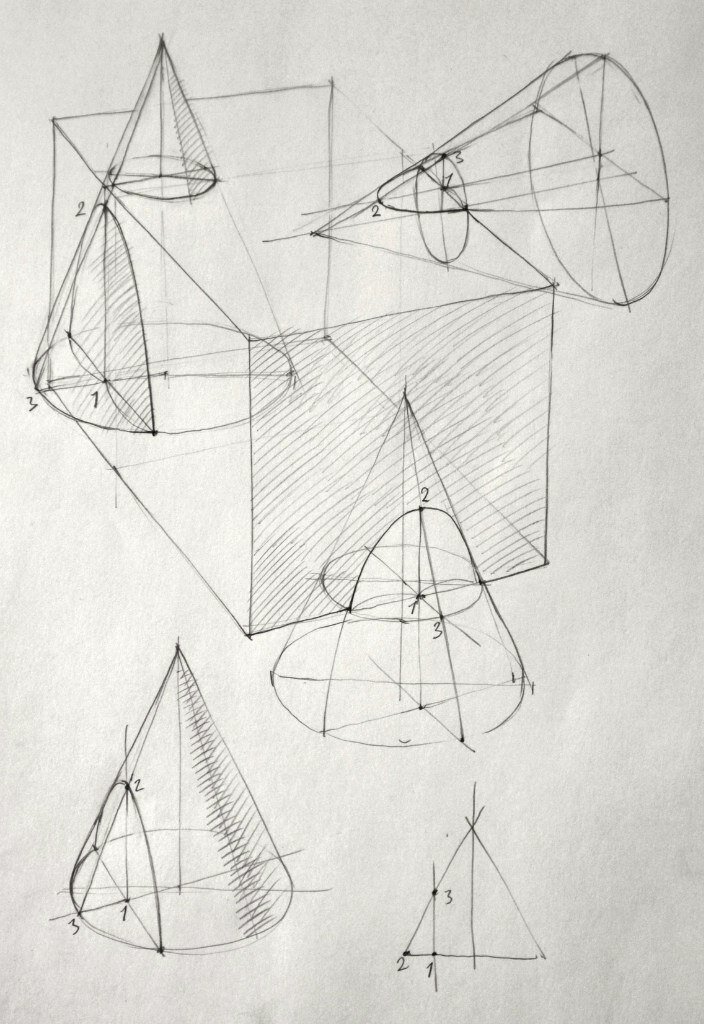 тень конуса начертательная геометрия, перспектива цилиндра начертательная геометрия, построение конуса в перспективе, начертательная геометрия, построение пирамиды в перспективе