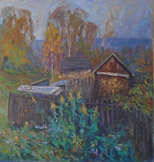 картина, картины художников, масляная живопись, художник анатолий соловьев картины, деревня банька осень вечер в живописи