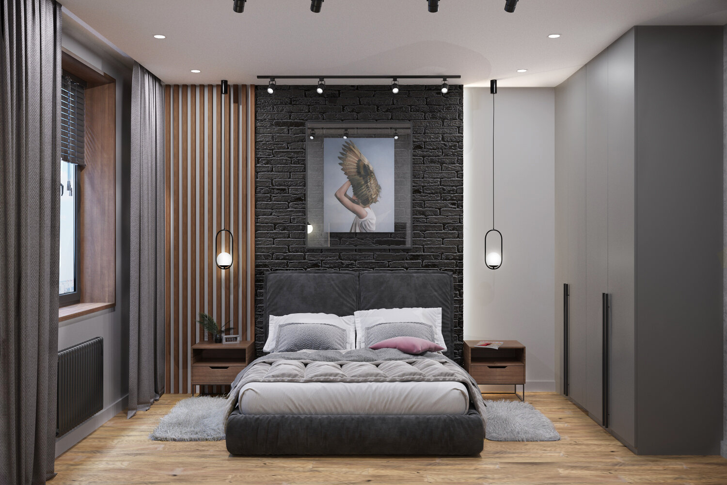 спальня в стиле лофт 14 кв.м, интерьер лофт спальня 3d, дизайн спальни, спальня 13 кв м лофт, дизайн интерьера