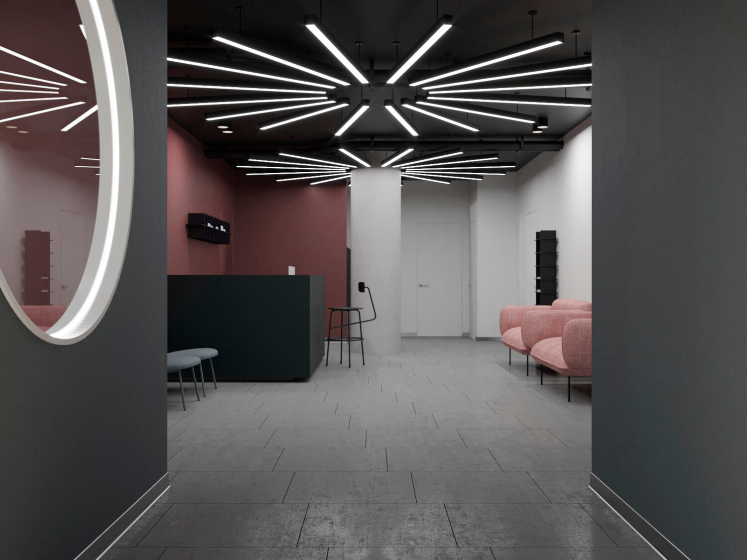 линейные светильники, интерьер, люминесцентные лампы в интерьере, светодиодный светильник, освещение