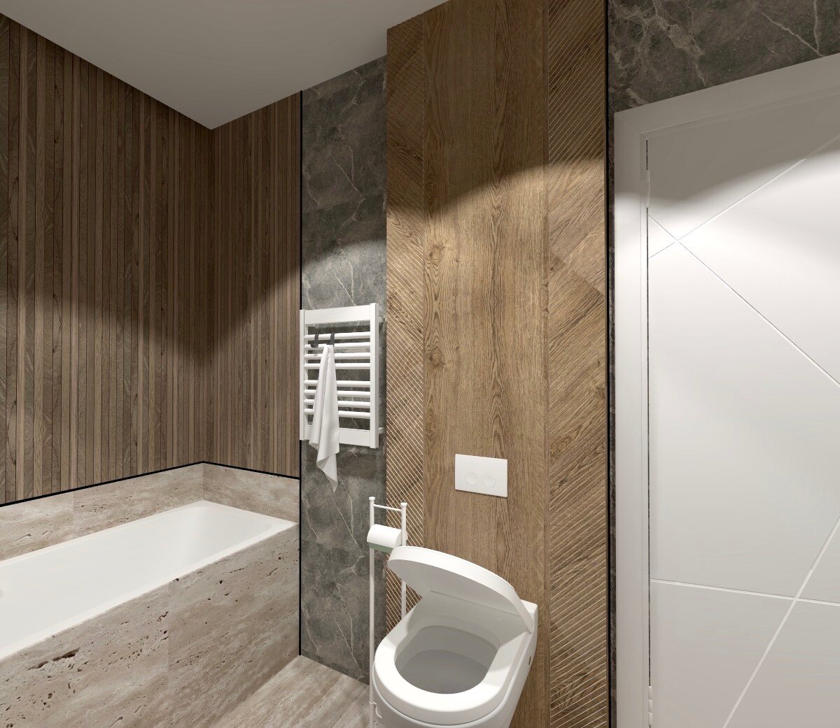 интерьер санузел, дизайн санузел, кварцвиниловая плитка в ванной, ванная в стиле эко лофт, санузел под дерево