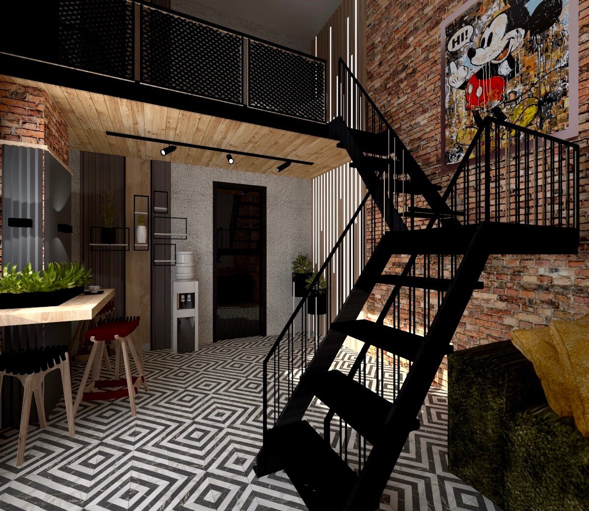 антресольный этаж в стиле лофт, лестница в стиле лофт и индастриал, лестница лофт в антресольный этаж, стиле лофт, что такое стиль лофт в интерьере