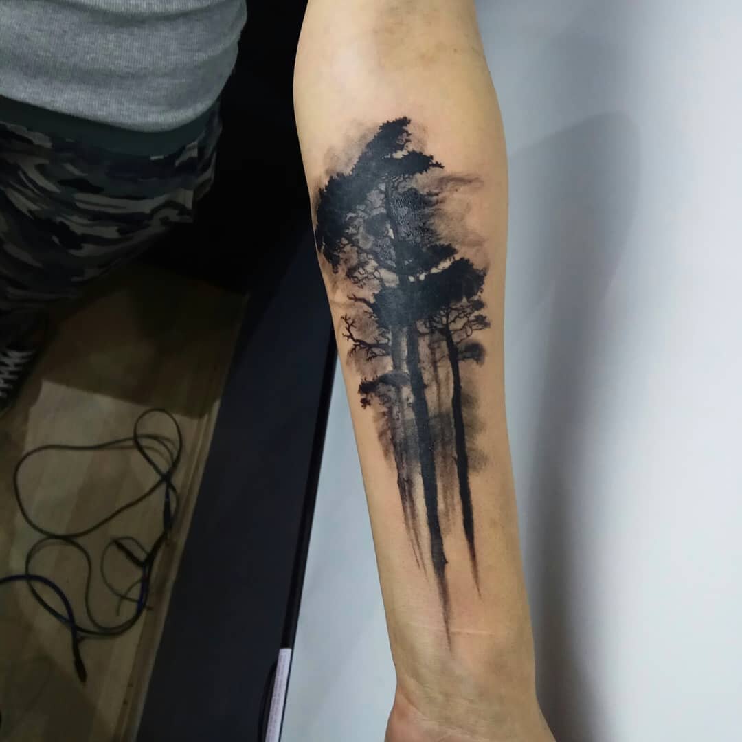 тату лес, tattoo, татуировка, предплечье, горы на предплечье