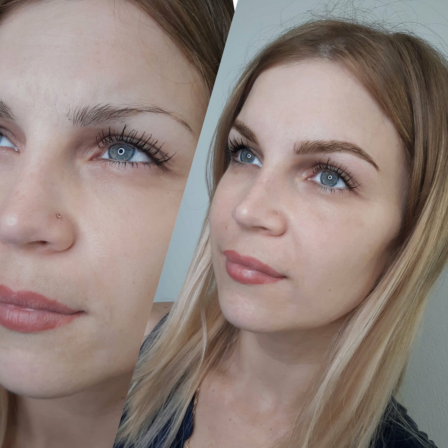 нанонапыление бровей процесс, архитектура бровей для блондинок, макияж, девушка, моделирование бровей