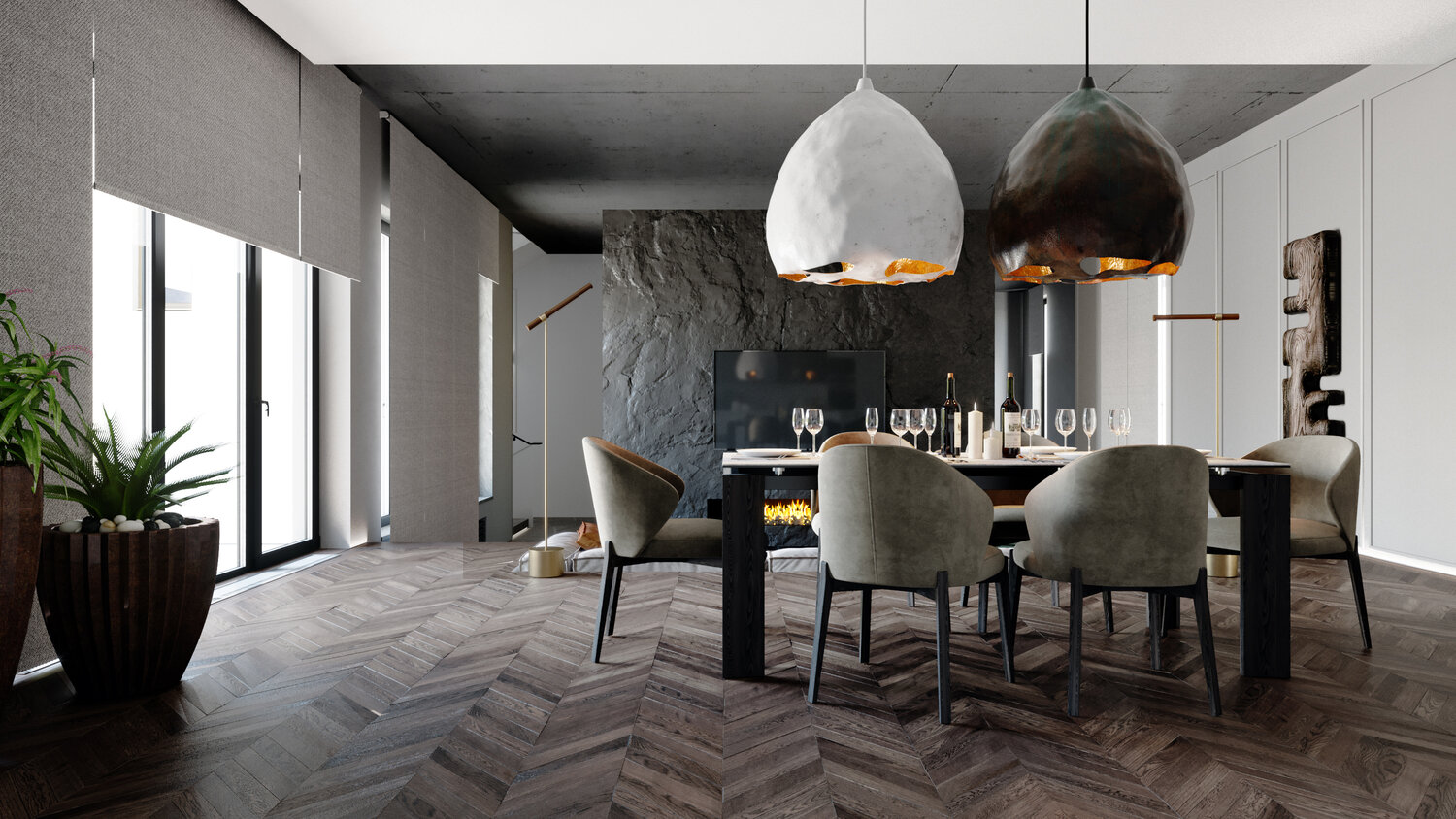 дизайн интерьера, интерьер, стильный современный столовой, индустриальный стиль, подвесной светильник