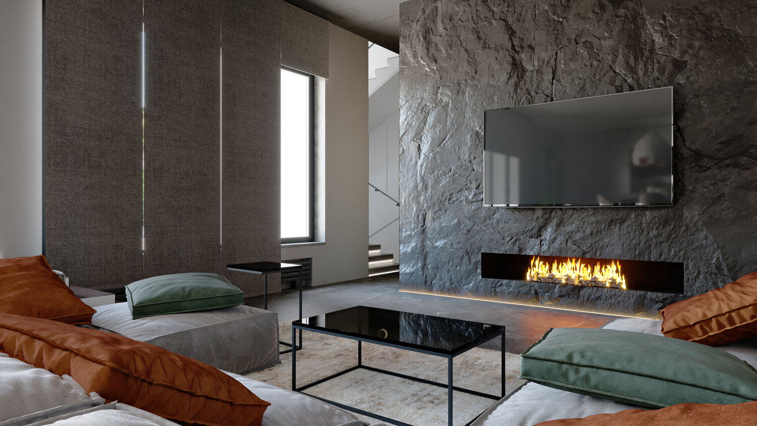 горизонтальный камин в интерьере, биокамин в интерьере лофт, камин в стиле минимализм, камин в минималистическом стиле, газовый камин в интерьере