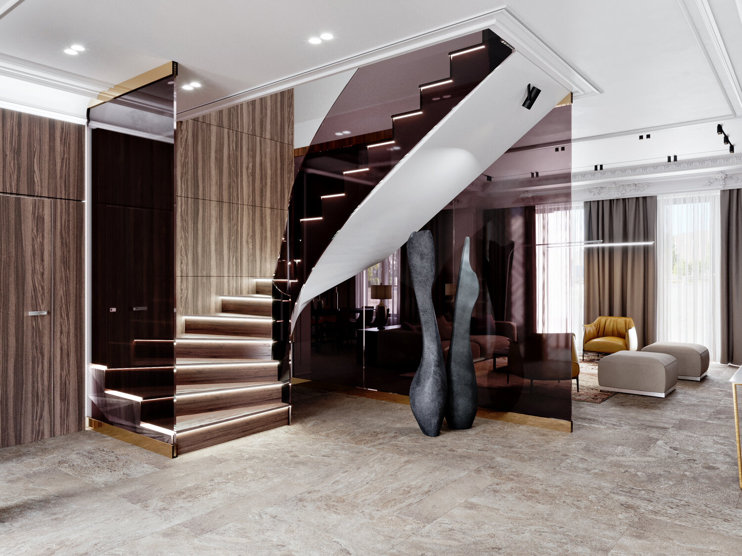 прихожая в коттедже в современном стиле, дизайн интерьера, холл с лестницей в стиле минимализм, лестница в интерьере, лестница в загородном доме минимализм