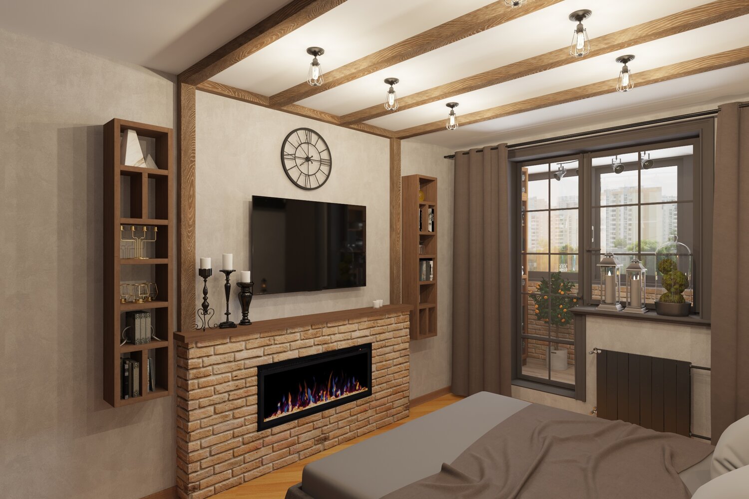 интерьер проходной гостиной, гостиная с биокамином в стиле современной классики, гостиная с камином, дизайн интерьера, гостиная интерьер