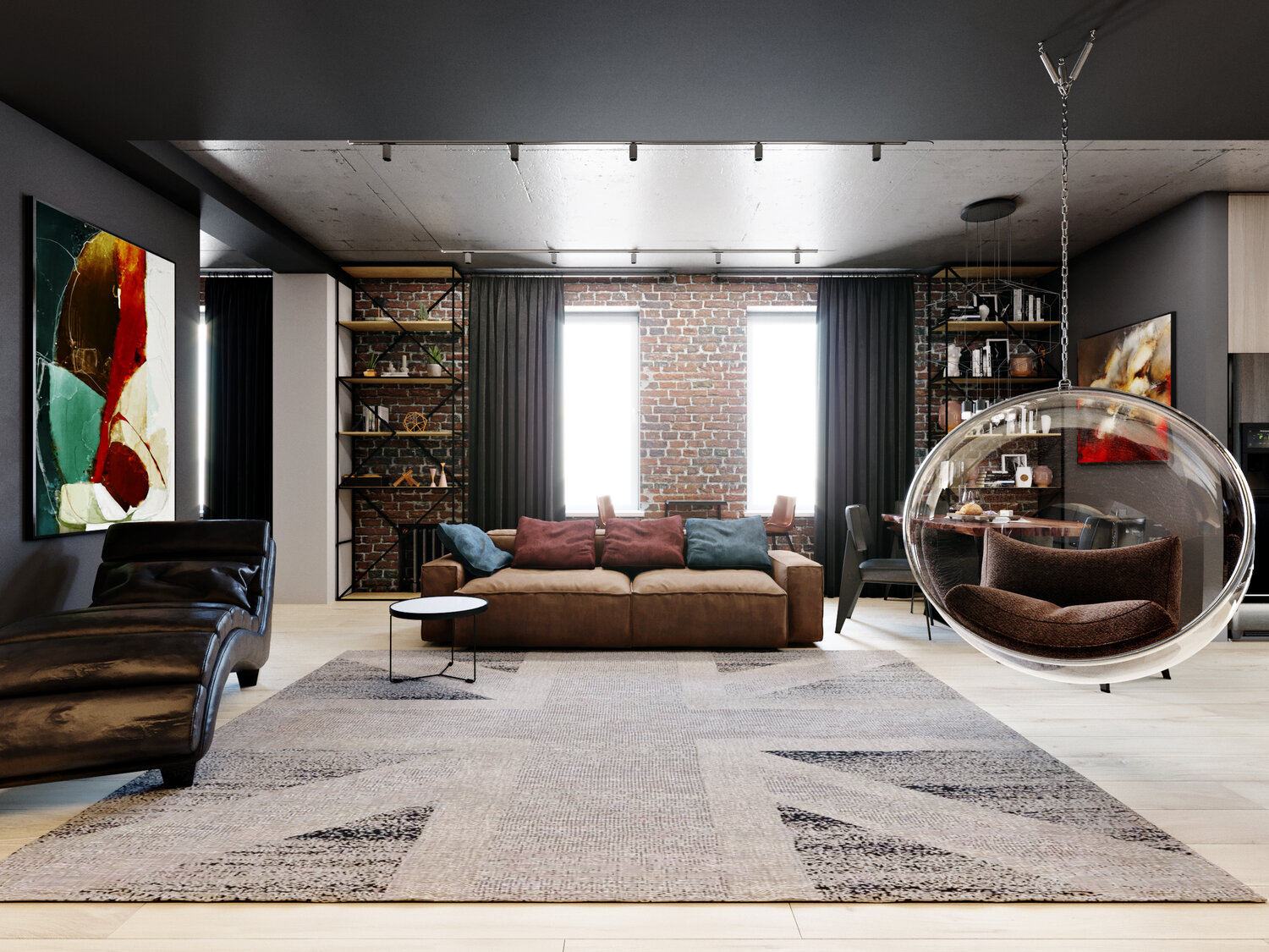 стильный интерьер, дизайн интерьера, интерьер в стиле лофт гостиная, интерьер, современный модный интерьер