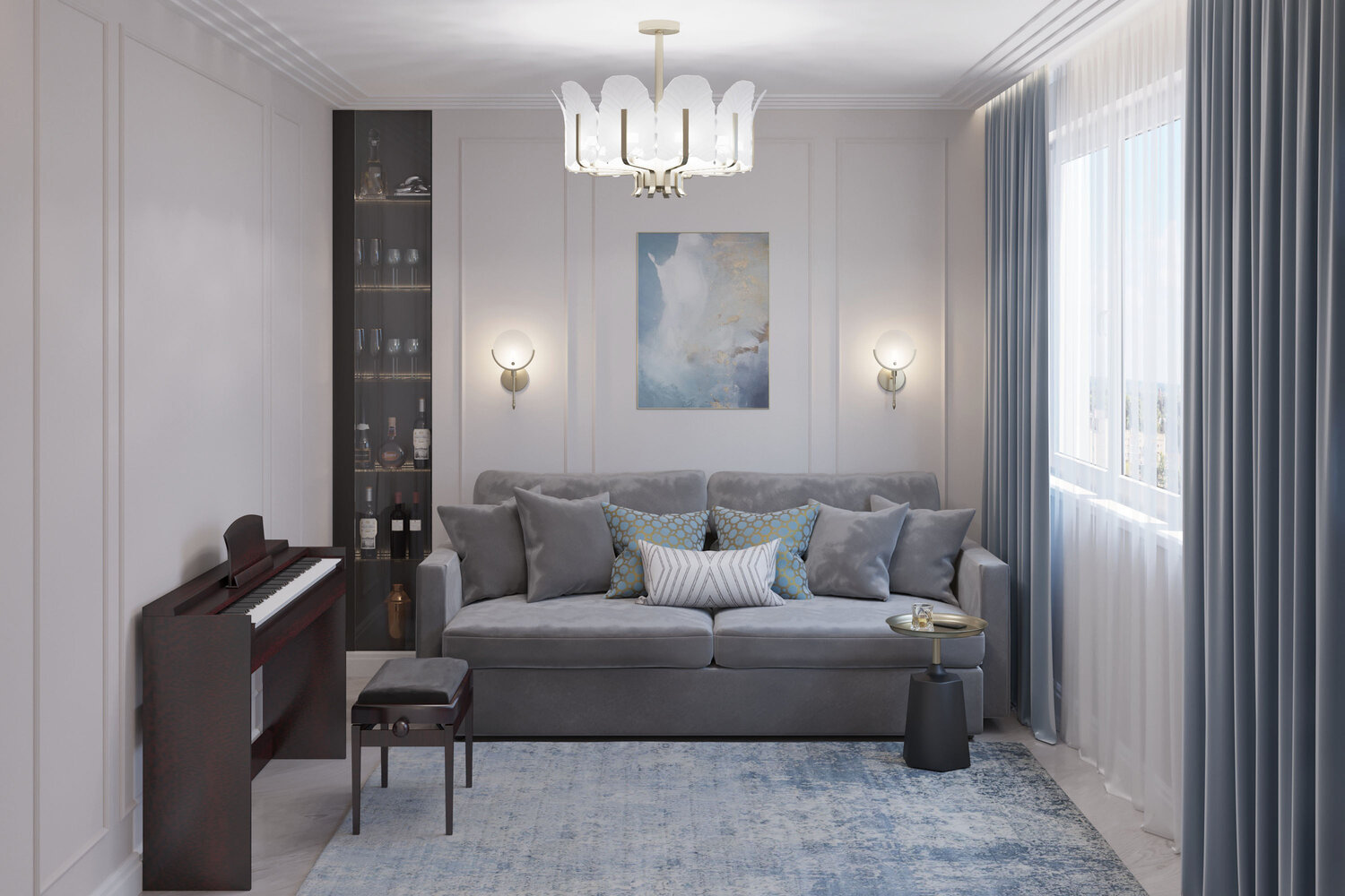 гостиная голубая неоклассика, дизайн интерьера, интерьер, гостиная в неоклассическом стиле в светлых тонах, дизайн квартир