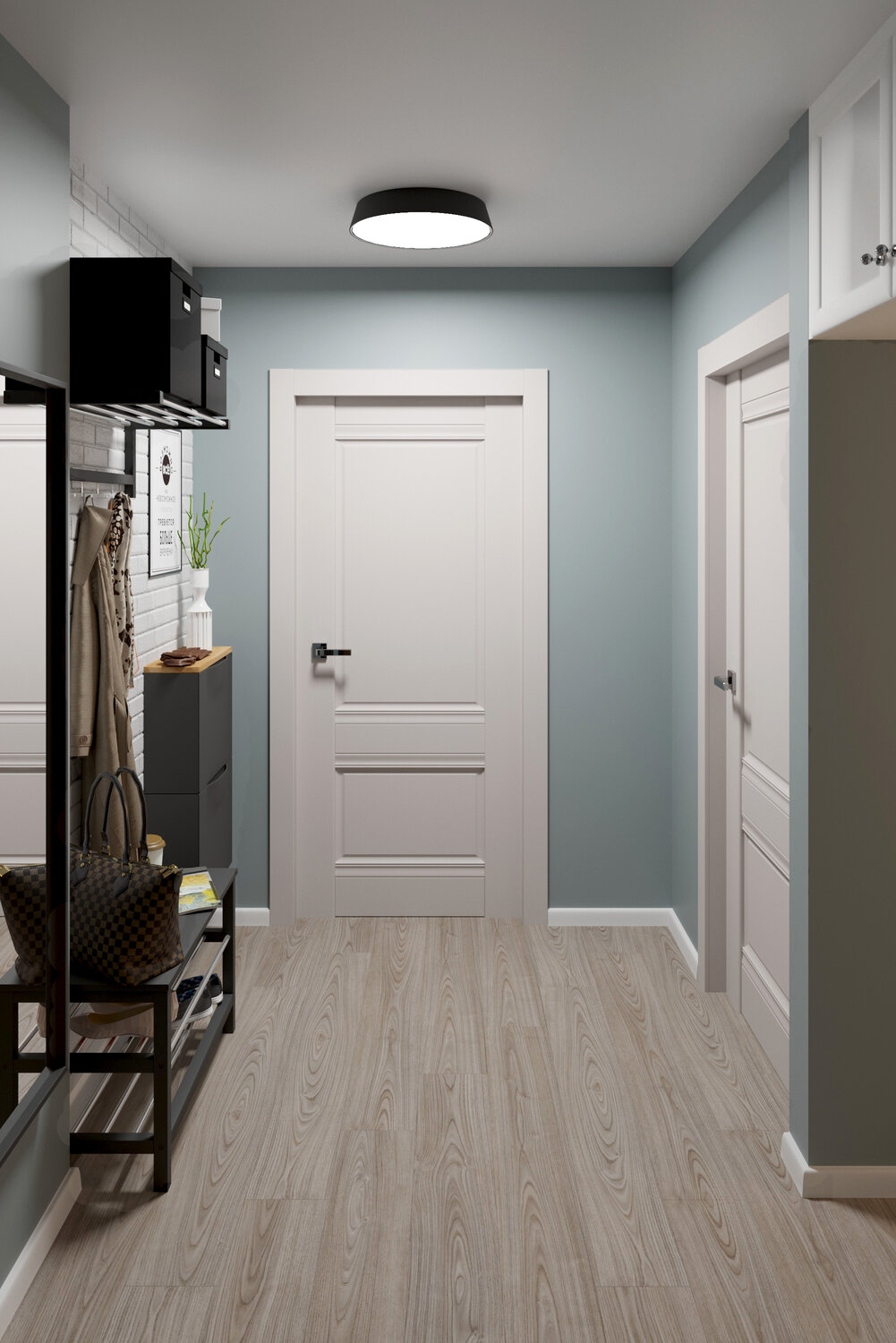 прихожая комната, прихожая в стиле сканди лофт, двери в прихожей, цвет прихожей в квартире, прихожие с белыми дверями неоклассика