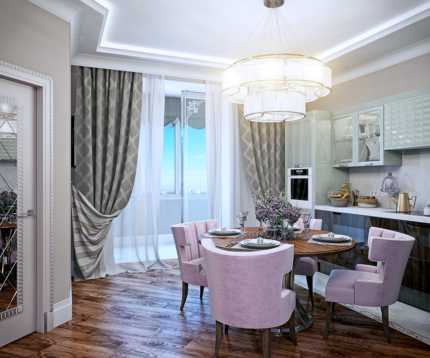 кухня столовая гостиная в стиле неоклассика, современная классика интерьер, кухня гостиная в стиле современная классика, гостиная в стиле неоклассика, интерьер кухни столовой .com