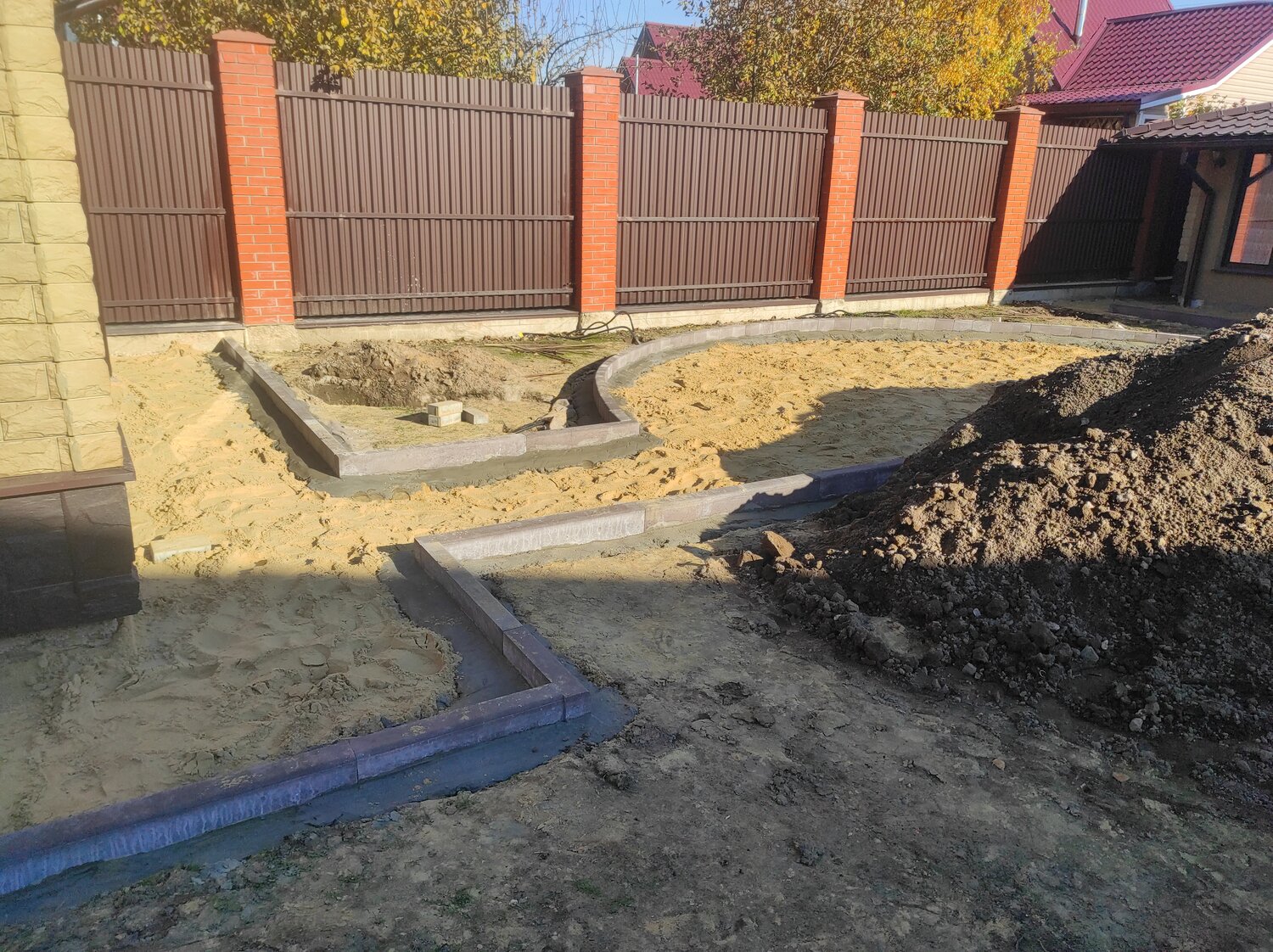 обустройство отмостки, отмостка перед гаражом, отмостка коттеджа, отмостка, вокруг дома отмостка