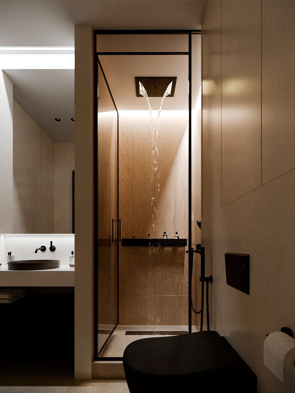 душевая в современном стиле, стильная душевая комната, современная ванная, ванная комната, современный санузел с душевой