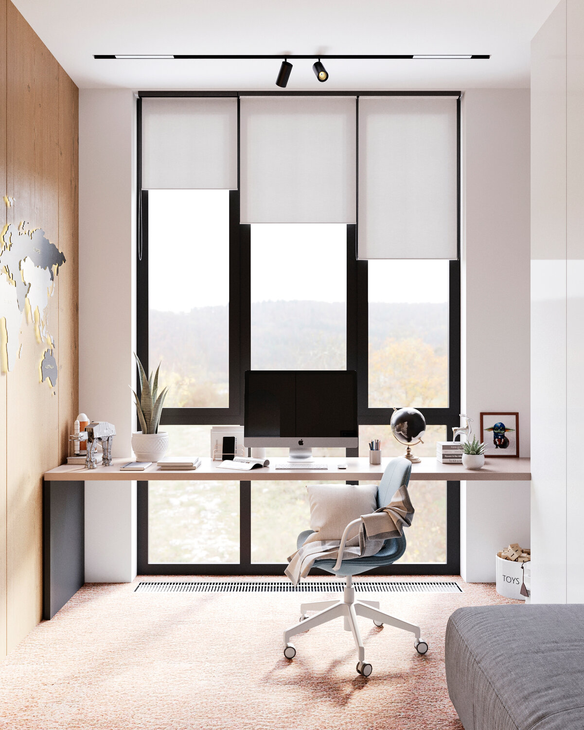 дизайн интерьера, современный стол у окна, стол у окна дизайн, современный интерьер, стол подоконник в кабинете