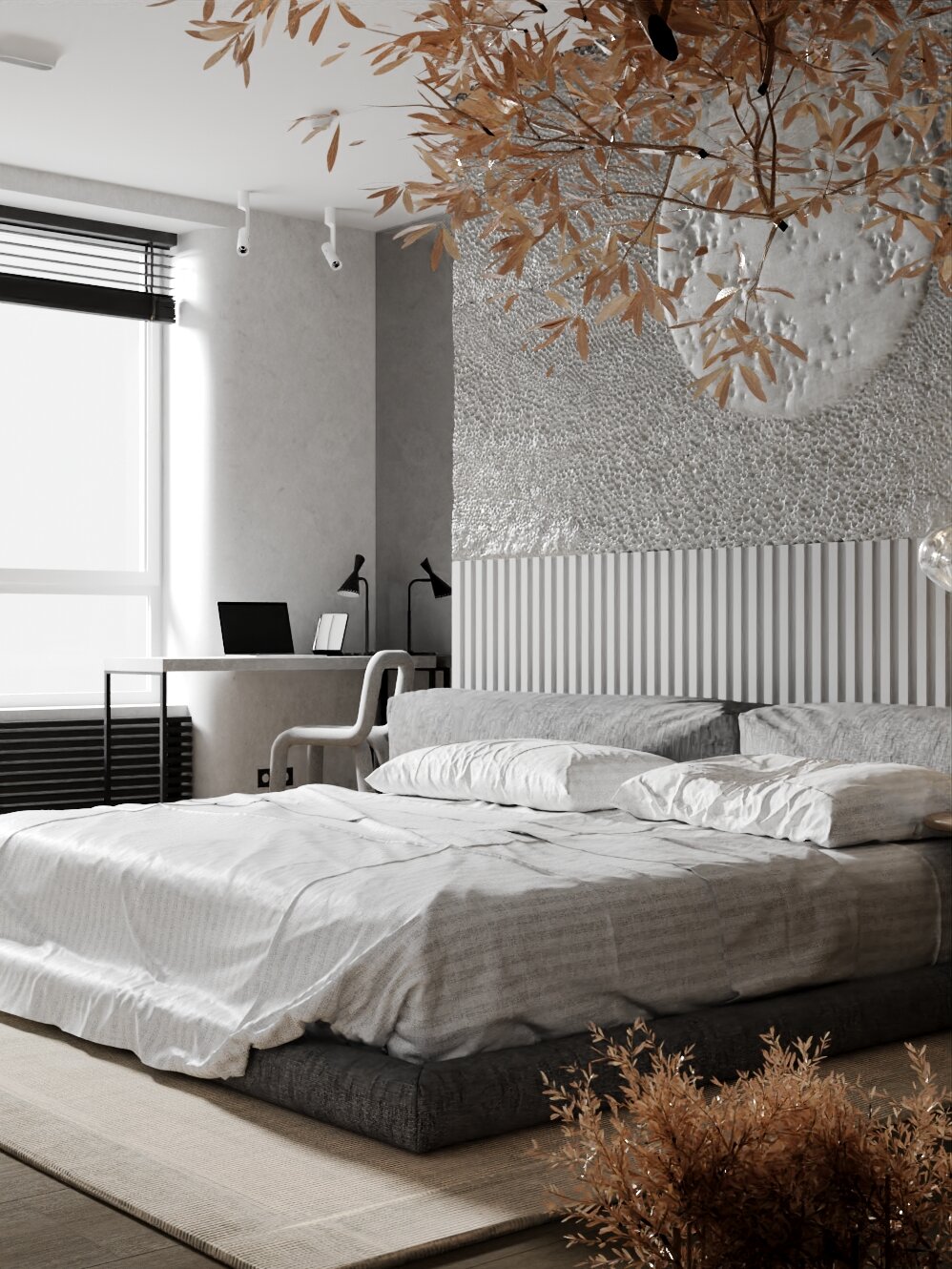 спальня в современном стиле, спальня современная, интерьер спальни, интерьер спальни в современном стиле с акцентной стеной, спальня современный дизайн