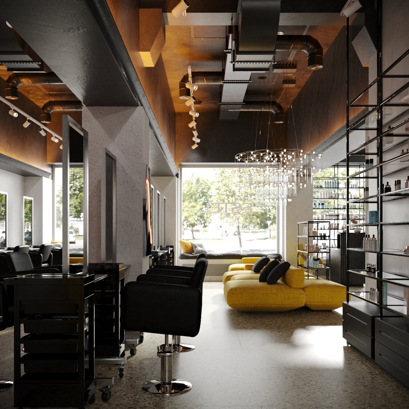 дизайн салона красоты в стиле лофт, салон красоты в стиле лофт, интерьер салона красоты в стиле лофт, интерьер офиса, салон красоты лофт экстерьер