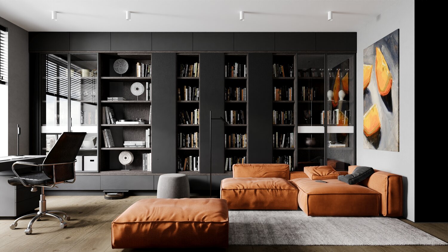 современный интерьер, дизайн интерьера, интерьер, интерьер стильный, гостиная с книжными стеллажами