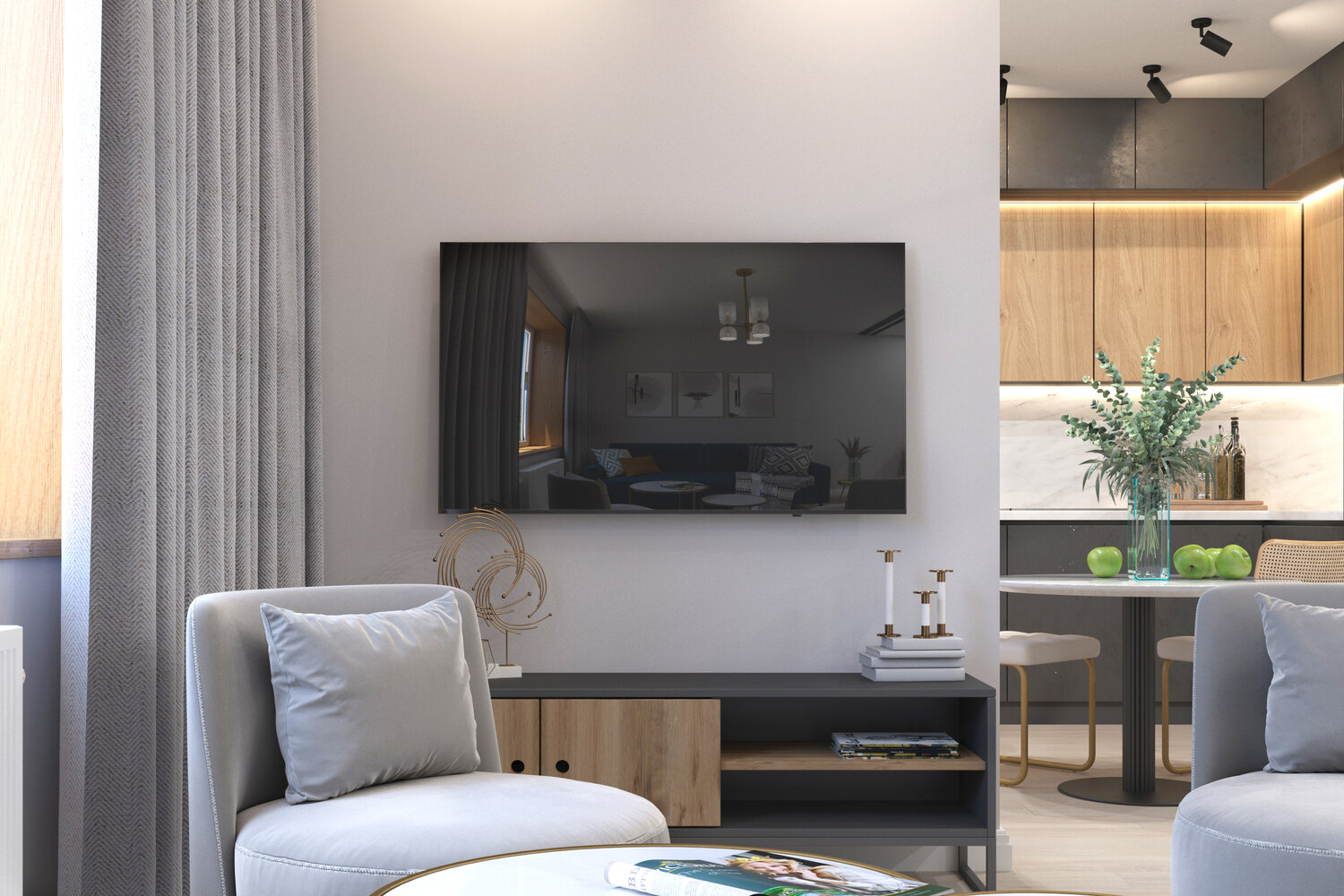 интерьер однушки, дизайн интерьера, современный интерьер однокомнатной квартиры, дизайн квартир, интерьер двушки смарт кухня гостиная