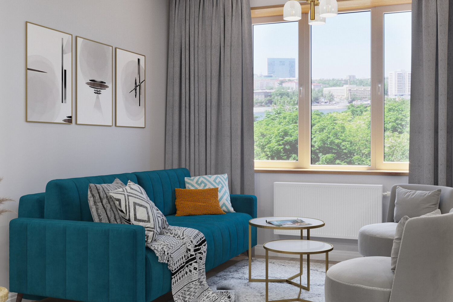 интерьер, дизайн интерьера, диван в интерьере, серые шторы, цвет в интерьере