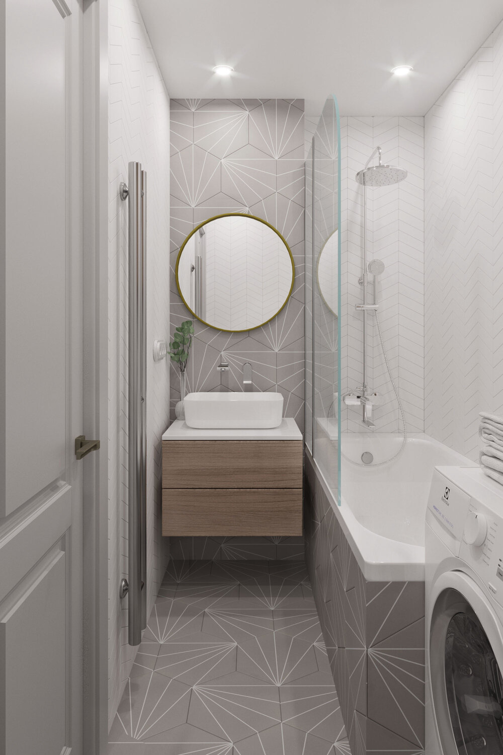 совмещенный сан узел плитка с веритикальнытрисунком, ванная комната, плитка в скандинавском стиле для ванной, интерьер ванной комнаты и туалета, ванная с душевой в светлых тонах