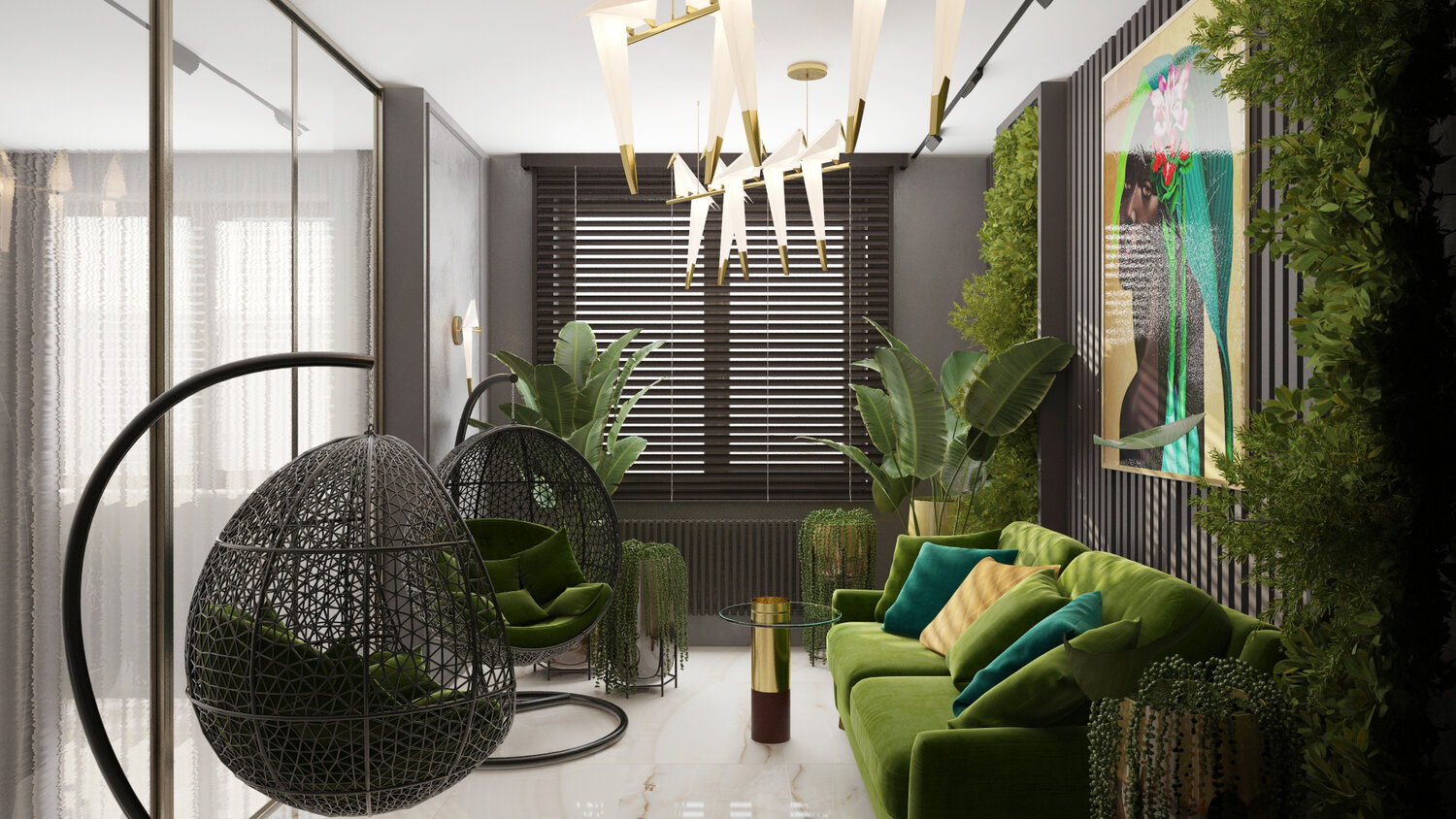 дизайн интерьера, интерьер, подвесные кресла на балконе интерьер, стиль интерьера экостиль, комнатные растения в интерьере