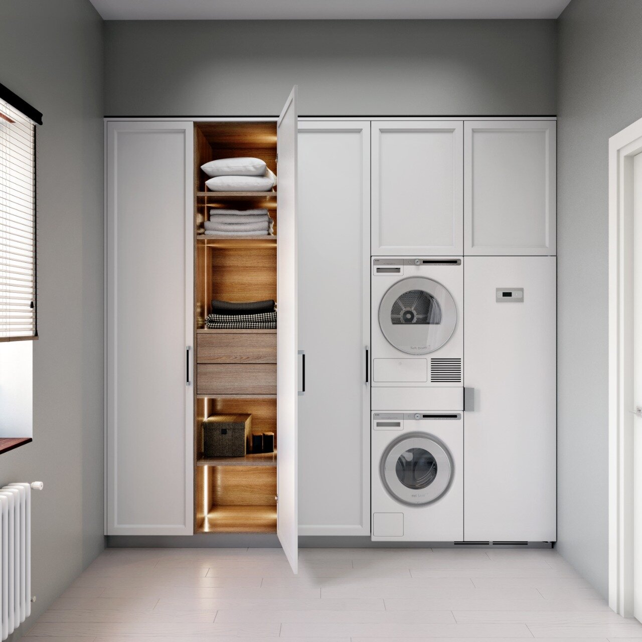 постирочная, постирочная asko, шкаф для стиральной и сушильной машины, asko постирочная система, функциональная узкая постирочная в квартире