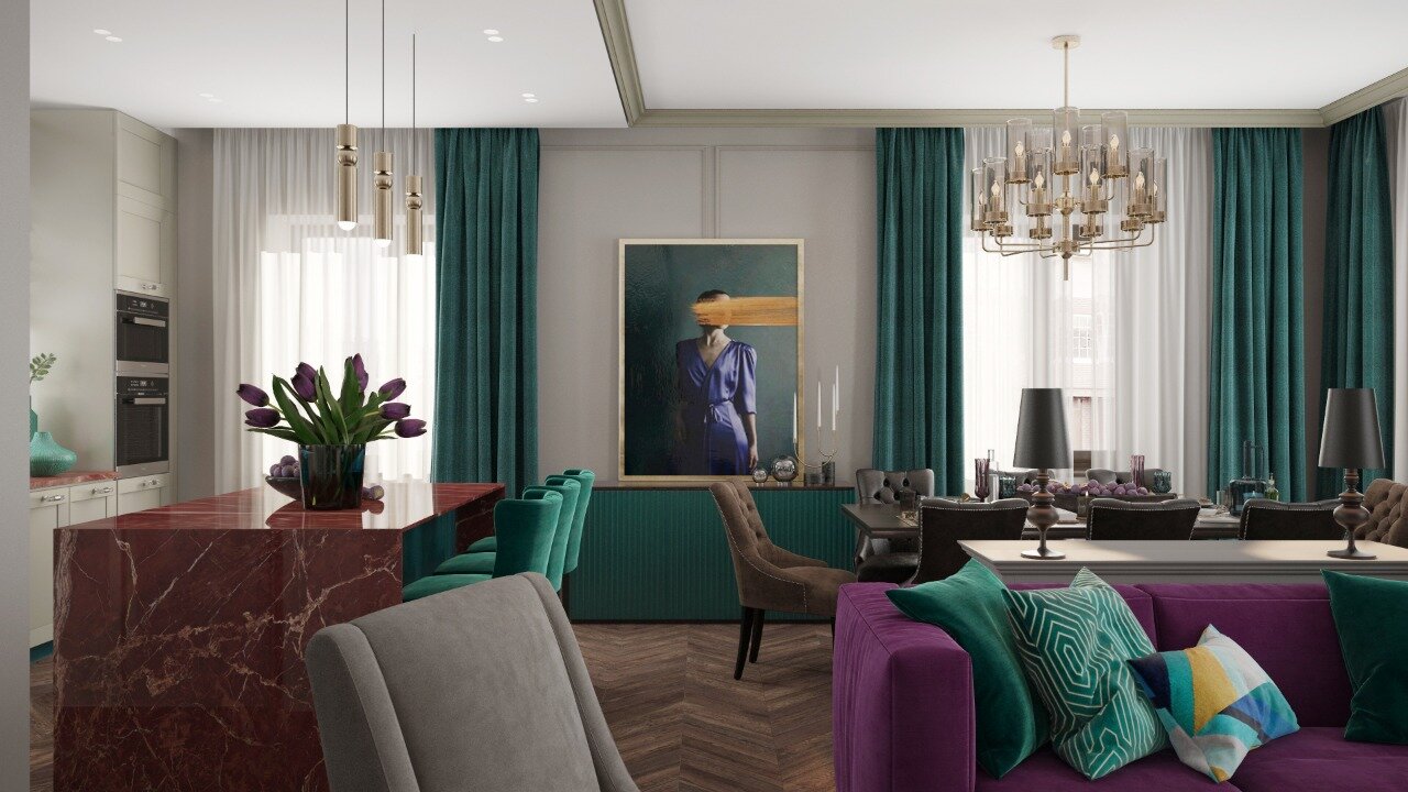 гостиная неоклассика изумрудный, бирюзовый интерьер гостиной, изумрудные шторы в интерьере гостиной, дизайн интерьера, гостиная в бежево бирюзовом цвете