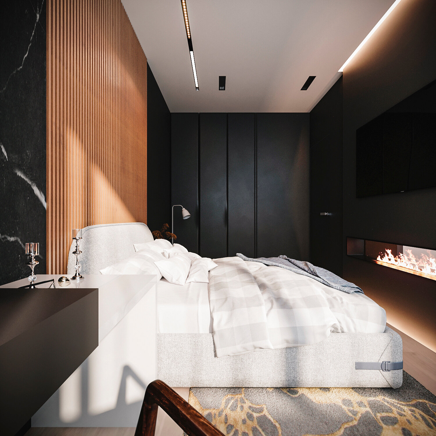дизайн интерьера, дизайн спальни, темный интерьер спальни, монохромная спальня для холостяка, интерьер