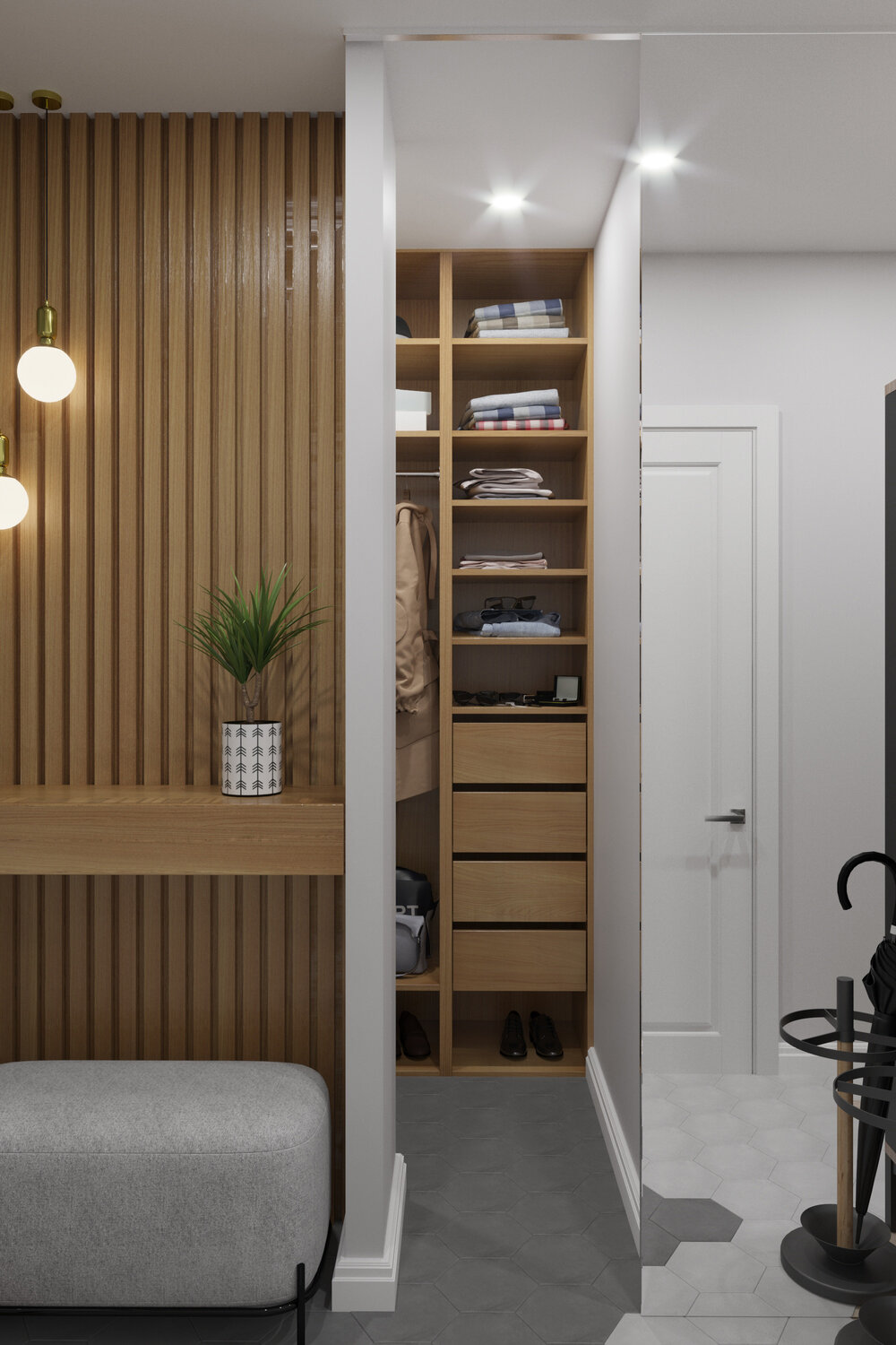 легкая прихожая в современном стиле, прихожая для узкого маленького коридора панельный дом, прихожая в студии, маленький коридор в однушке, прихожая в скандинавском стиле деревянные рейки