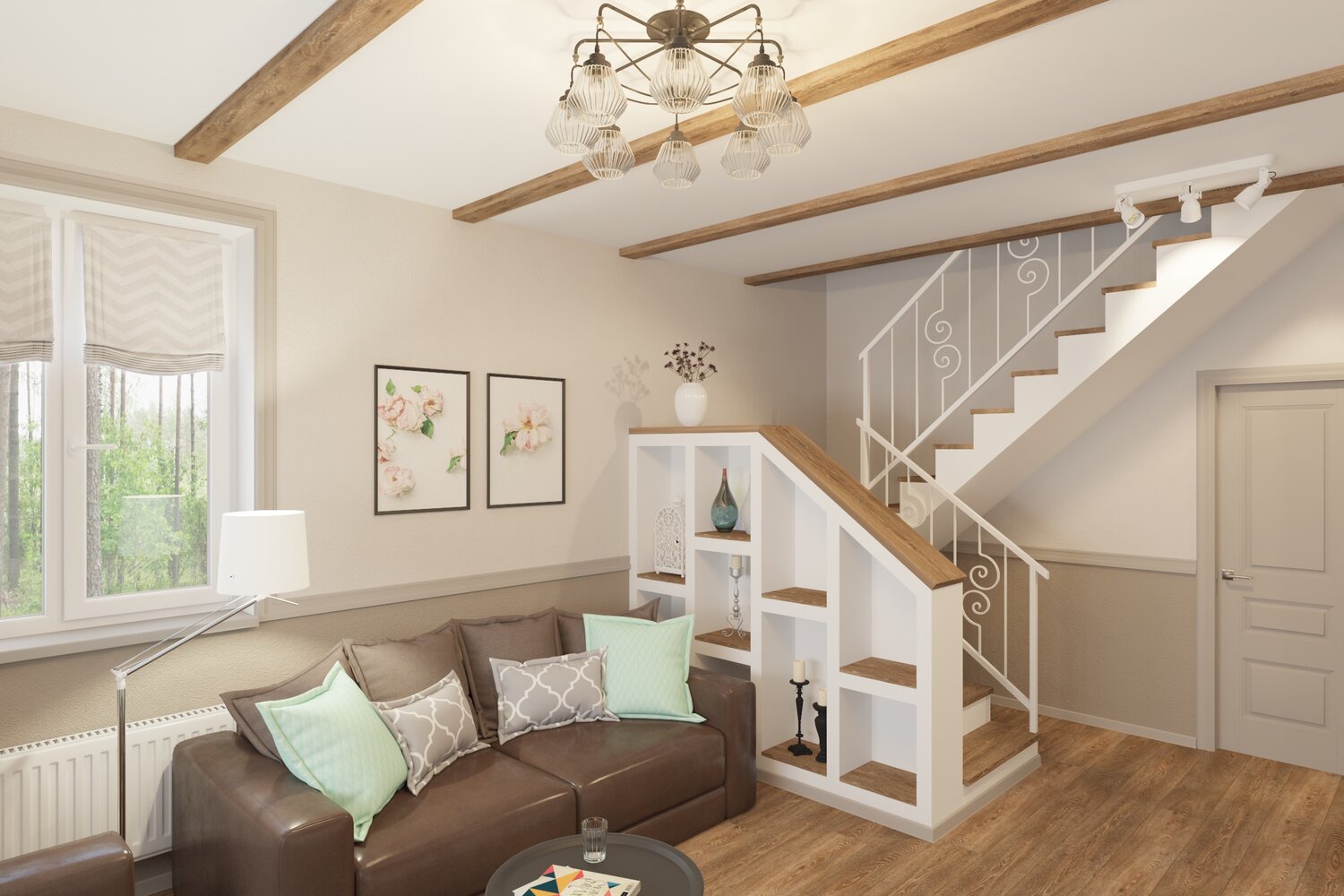 интерьер гостиной в загородном доме с лестницей, гостиная с лестницей на второй этаж, интерьер гостиной с лестницей, интерьер таунхауса в современном стиле, под лестницей дизайн