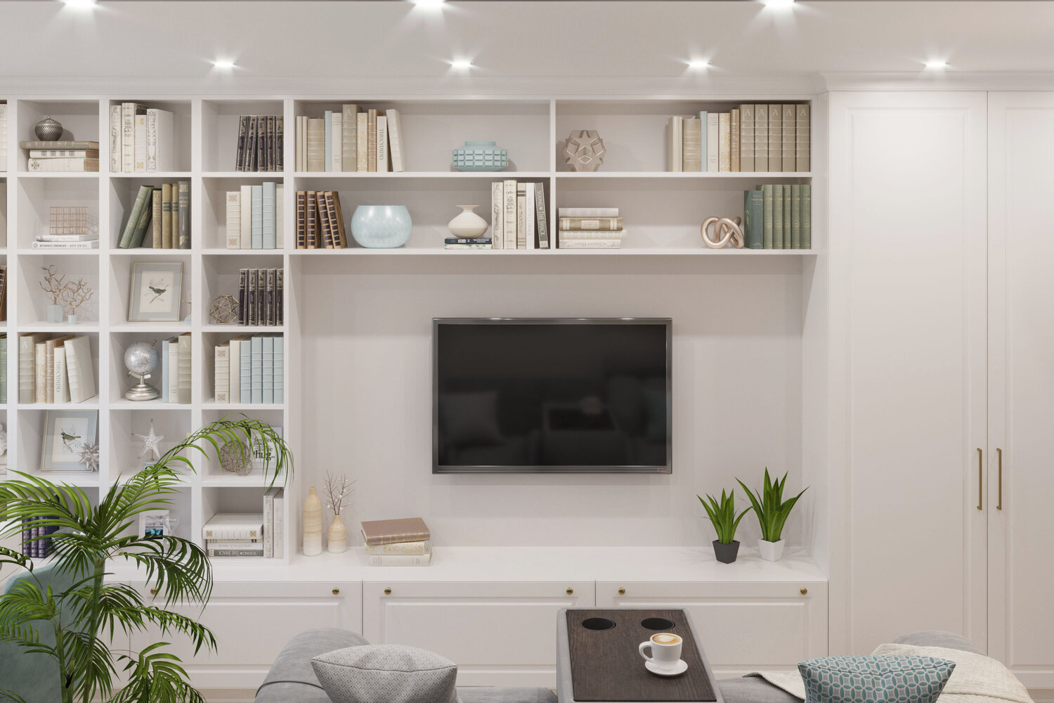 стенка для телевизора и книжный стеллаж, система хранения в гостиной, стеллаж для книг и телевизора, стеллаж с местом для телевизора, гостиная с открытыми полками