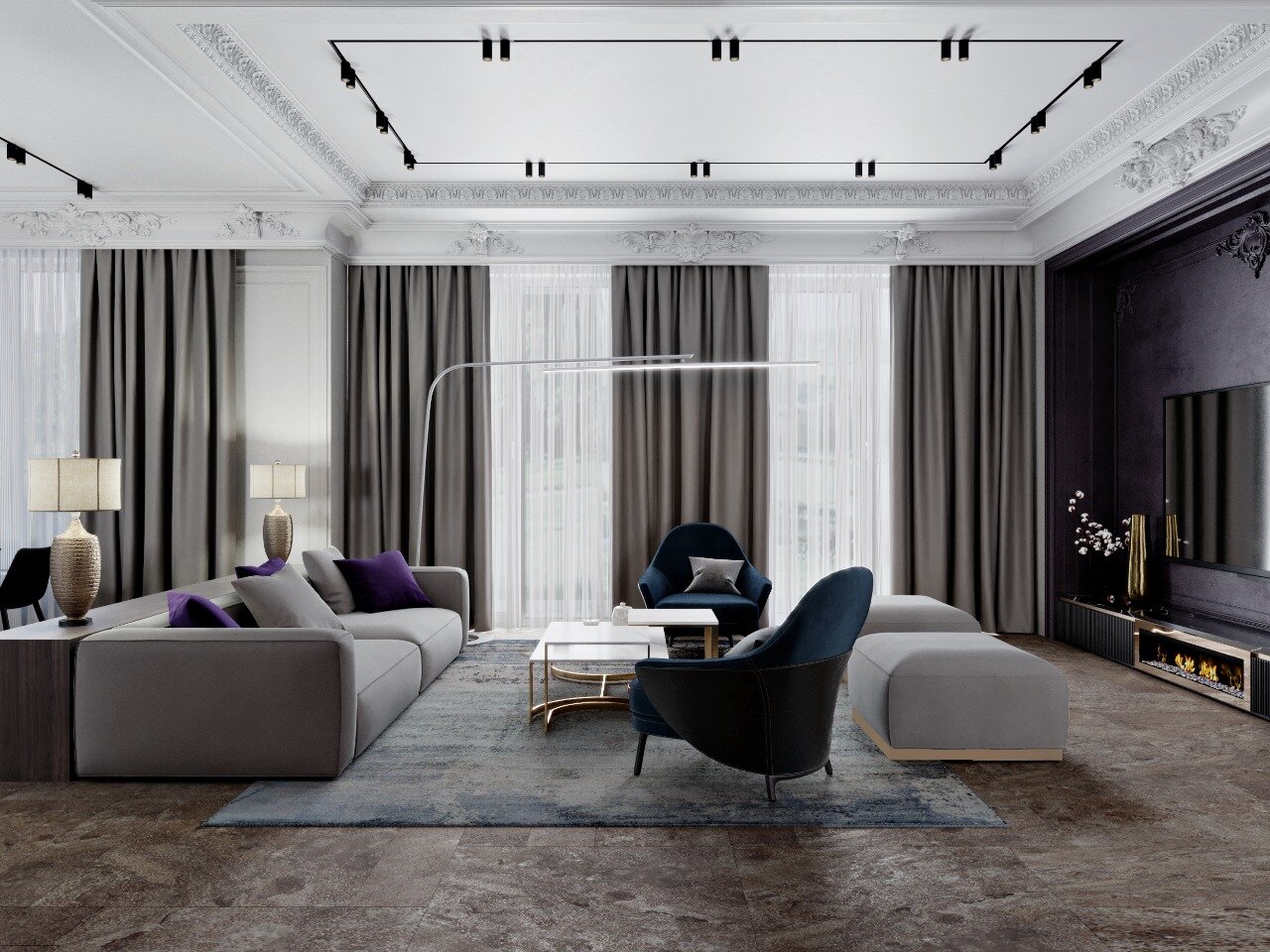 дизайн интерьера, стильный интерьер гостиной, интерьер, потолок в стиле неоклассика, неоклассика с элементами ар деко