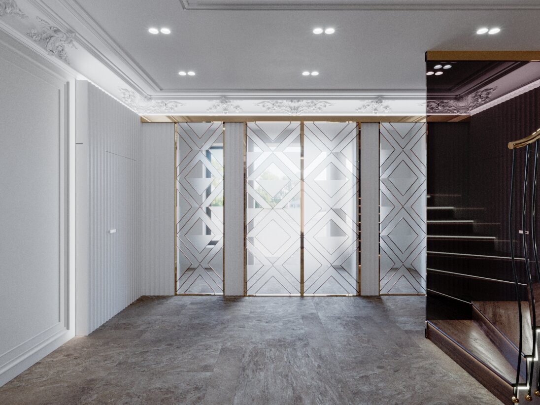 холл неоклассика, арт деко 2019 интерьер коридор, красивые шкафы купе в прихожую в стиле неоклассика, зеркальное панно в прихожей, жилой комплекс