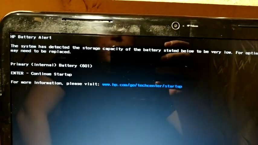 экран с текстом, компьютер, ошибка, экран, hp battery alert 601
