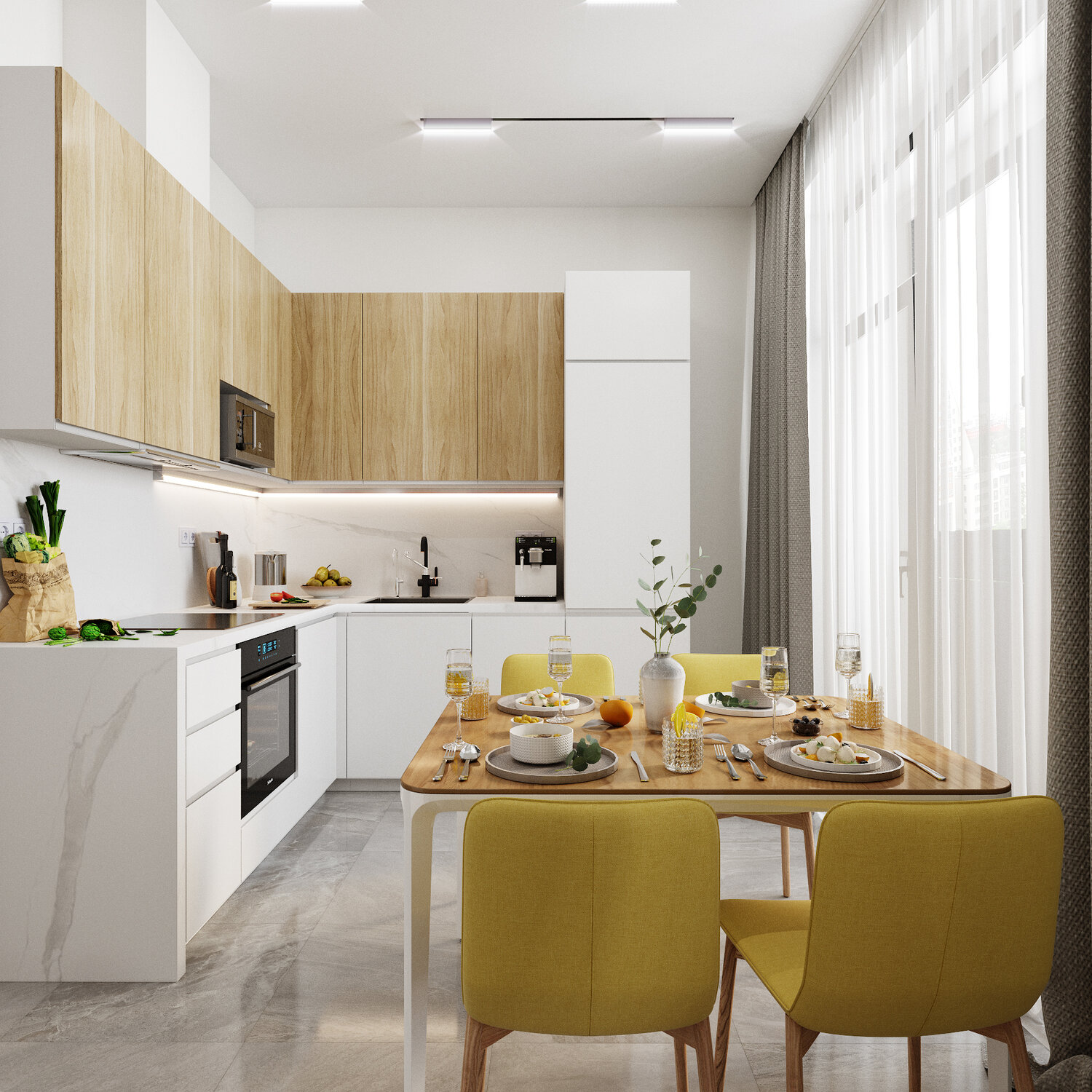 современная кухня в светлых тонах, кухня с желтыми акцентами, кухня в светлых тонах, стильная кухня 10 метров, интерьер кухни