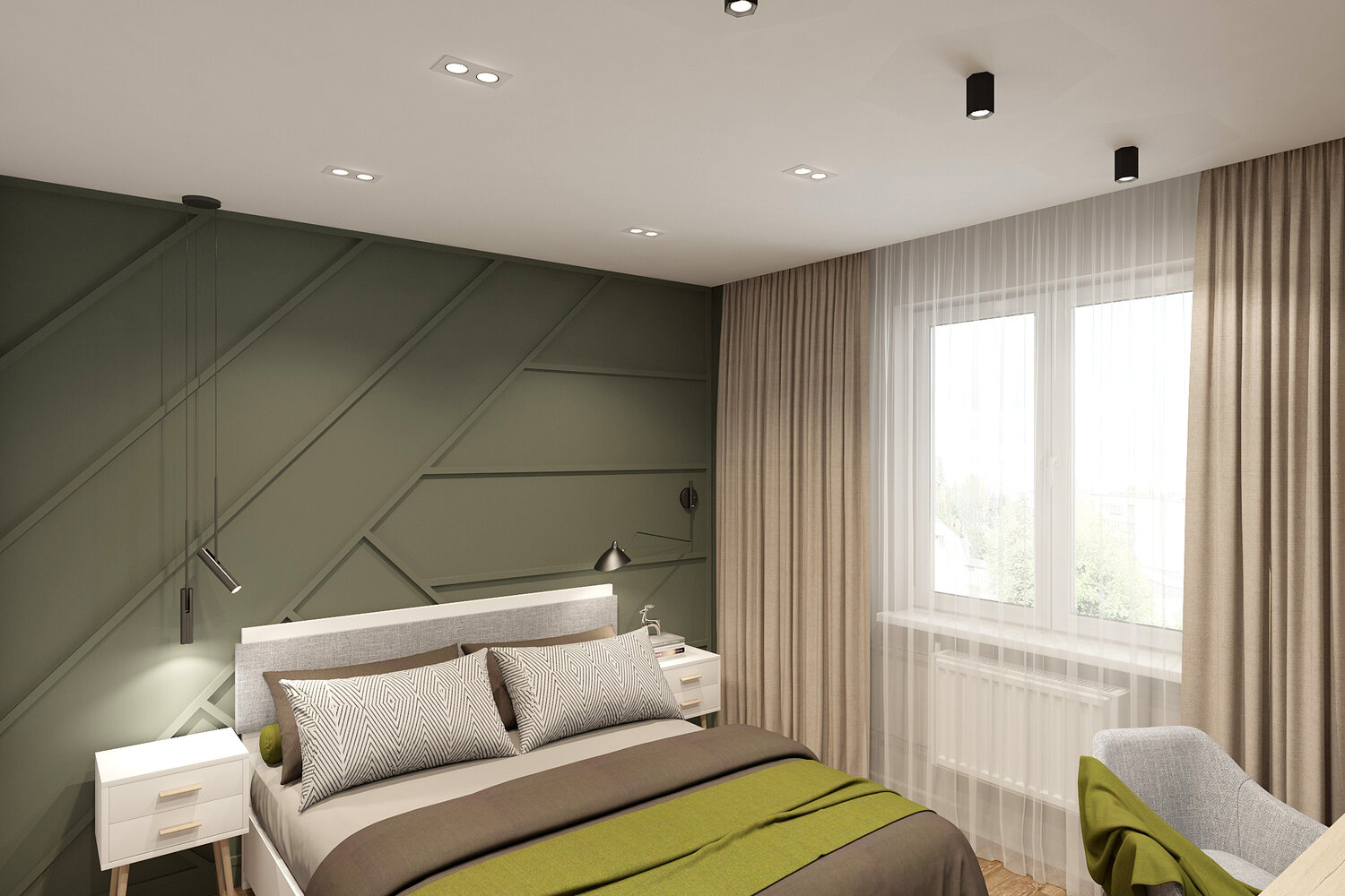 дизайн современной спальни, спальня современная, спальня дизайн, спальня в современном стиле, бежево зеленая спальня